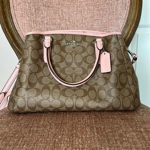 COACH CARRYALL IN SIGNATURE CANVAS BROWN AND PINK CROSSBODY SHOULDER BAG